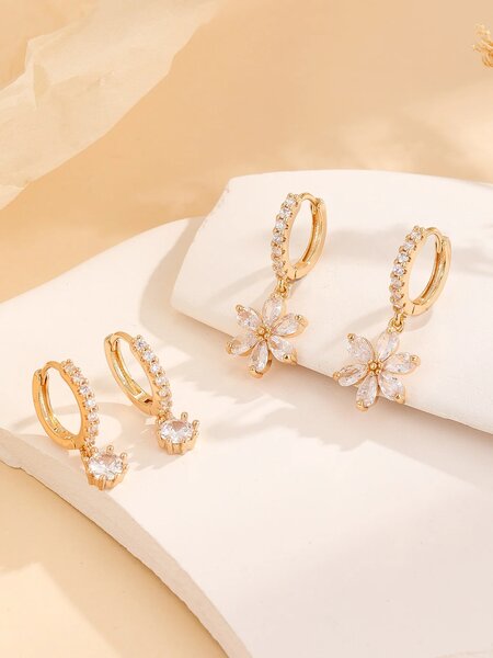 Shein - 2pairs/set Cubic Zirconia Flower Drop Earrings