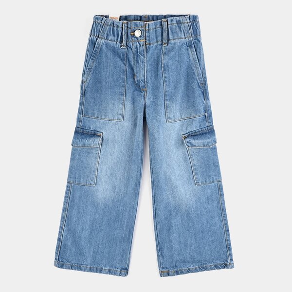 Girls Wide-Leg Stretch Denim Cargo Pants – Mid Blue