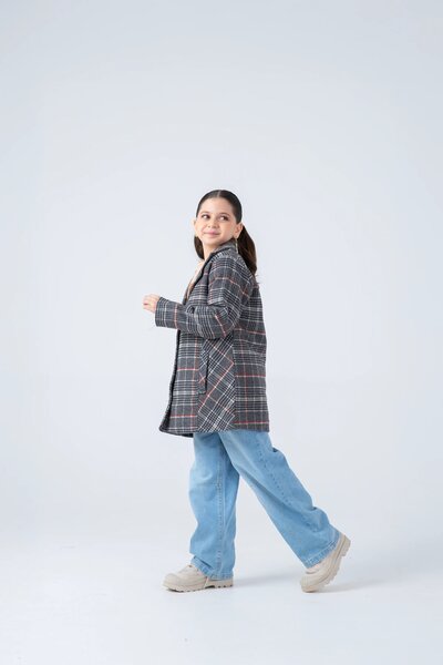 Girls' Grey Checkered Felt Coat