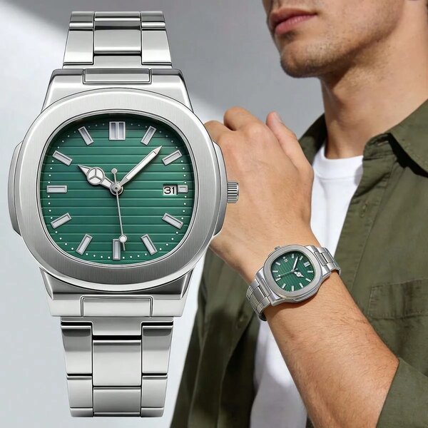 Shein - 1pc Men's Steel Band Quartz Watch - Emarald Dial