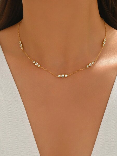 Shein - 1Pc 18K Gold Plated Minimalist Zirconia & Triple Round Diamond Stainless Steel Necklace