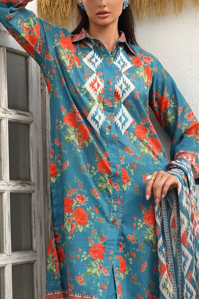 3 Piece Embroidered Printed Lawn Suit with Printed Lawn Dupatta