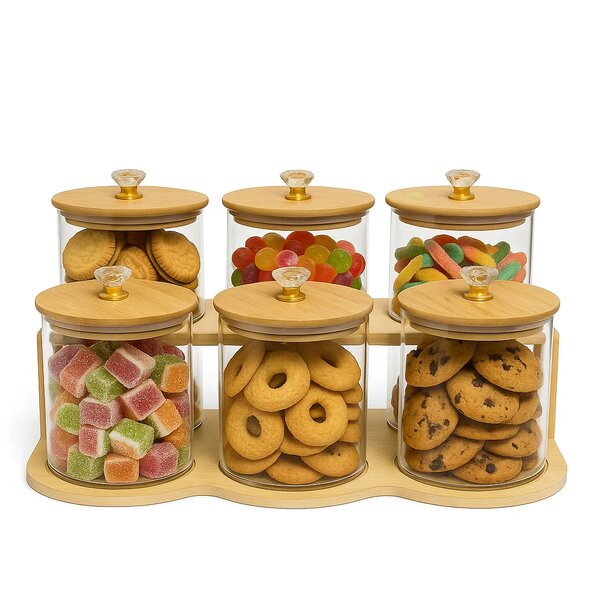 6Pcs Glass Jar Set with Wooden Stand – Airtight Kitchen Storage Containers