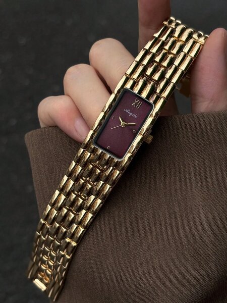 Shein - Bracelet Watch, Gold Rectangular Case, Burgundy Dial