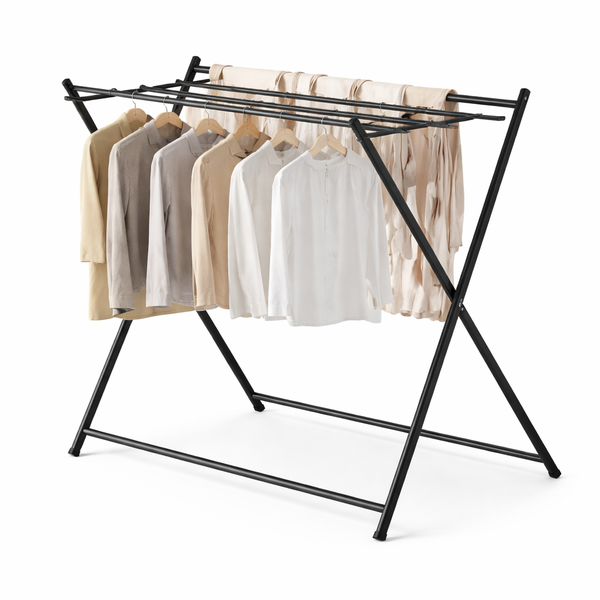 Foldable Cloth Rack – Heavy Duty Portable Clothes Drying Stand with Double Rod & X-Frame Design