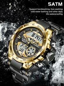 Shein - LIGE LIGE 1pc Black Silicone Strap Sporty Date 24 Hour Chronograph Round Dial Digital Watch