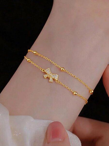 Shein - 1Pc Elegant Luxury Double-Layer Bowknot Bracelet