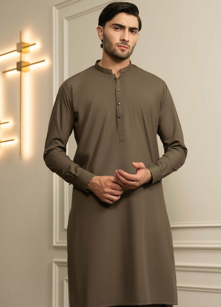 Stylish Garments Mens RTW Embroidered Wash N Wear Kurta Shalwar Suit Olivya Casual Collection