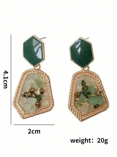 Shein - 2pairs/set Green & White Natural Stone French Style Vintage Emerald Drop Earrings Set