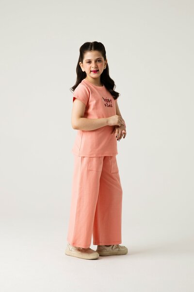 Girls Peach Happy Vibes Co-ord Set