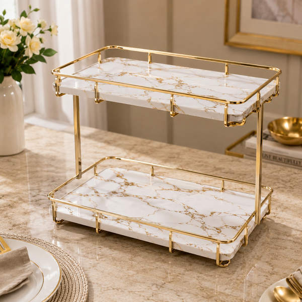 Luxury 2-Tier Gold Vanity Organizer Shelf | Decorative Countertop Storage Rack
