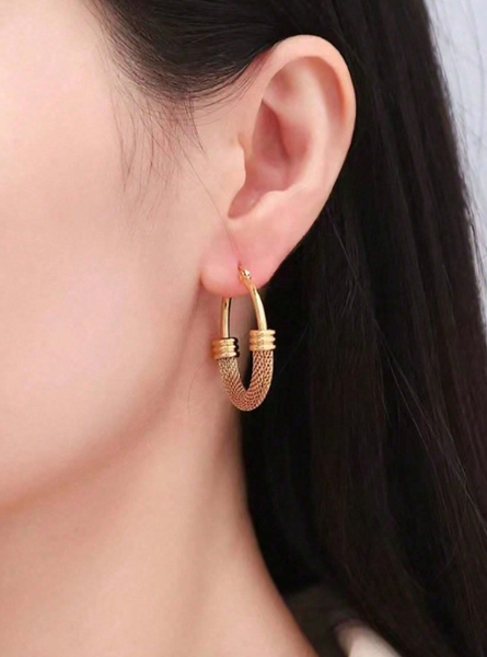 Shein - 6pcs 18k Gold Plated Titanium Steel Exaggerated Oval U-Shaped Hoop Earrings