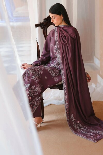 Cross Stitch Unstitched Embroidered Cotton Satin 3 Piece Suit CS26UCS Mulberry Brown - Casual Collection