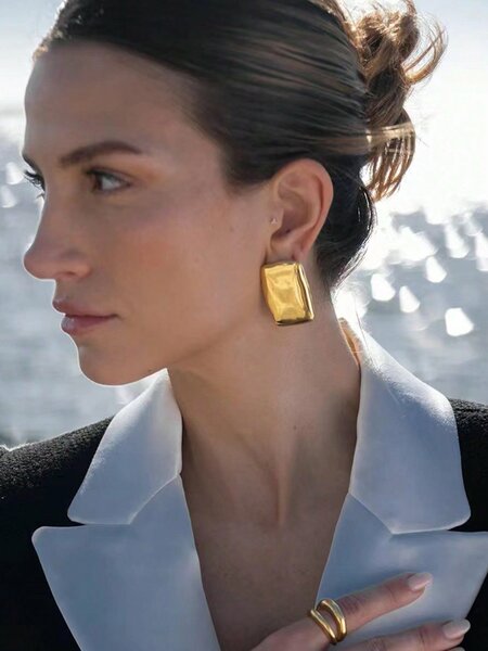 Shein - 1pair Simple & Fashionable European & American Style Irregular Rectangle Shaped Earrings For Women's Everyday Wear, Vacation & Party Accessory