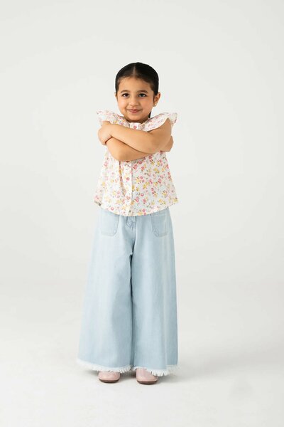 White Cotton Floral Button Top
