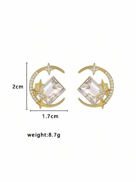 Shein - 1 Pair Of High-Grade Light Luxury Star Moon Design Sense Earrings Stud Female Mesh Red Diamond Crystal Earrings