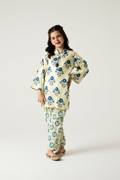 Off-White Blue Floral Kurta Shalwar - 2pc