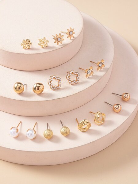 Shein - 9pairs Faux Pearl & Flower Decor Stud Earrings