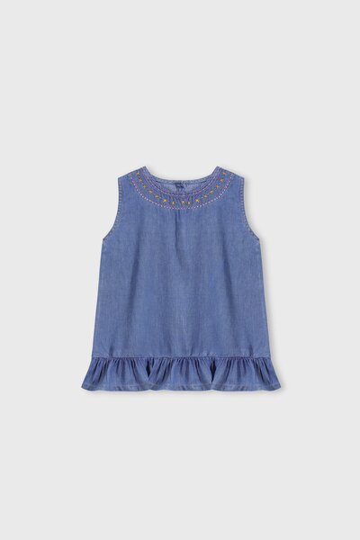 Denim Blossom Embroidered Top