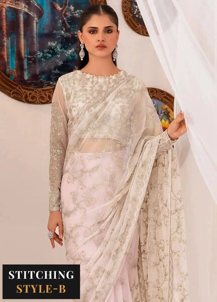Maheer by Zarif Embroidered Net Suits Unstitched 3 Piece ZR25UF ZMU 01 Pearl - Formals Collection