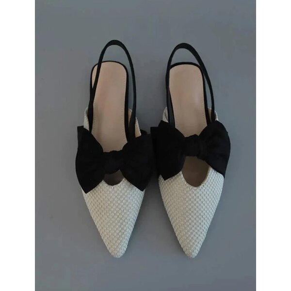 Shein - Bow Decor Knit Detail Point Toe Slingback Flats