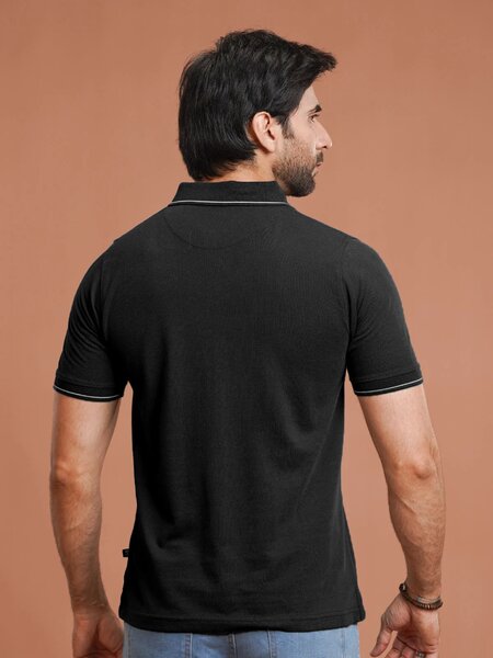 Black Plain Contrast Tipping Half Sleeves Polo T-Shirt (POLO-1004)