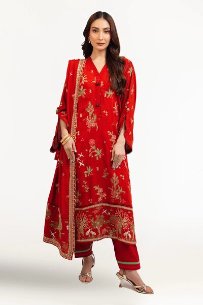 3 Piece Embroidered Raw Silk Suit with Lace and Dupatta