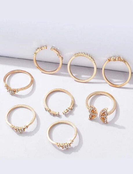 Shein 8pcs European And American Bohemian Style Inlaid Diamond Butterfly Ladies Ring Set Gift