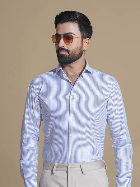 White & Blue Striped, Elite Edition, Cutaway Collar Men’s Formal Shirt (FS-2518)