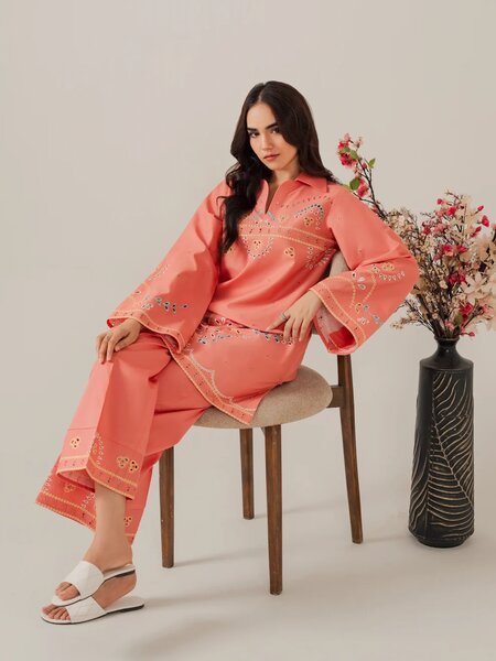 Coral- 2Pcs Embroidered Coord Set