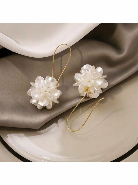 Shein - Exaggerated Long Acrylic Faux Pearl Flower Ball Earrings, Handmade White Petals Ball With Geometric Clip-On, Luxurious Ear Jewelry For Women