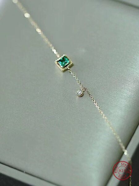 Shein - 1pc Minimalist & Delicate & Personalized Design Ins Style S925 Silver Plated 14k Gold Bracelet With Green Square Cubic Zirconia Decoration