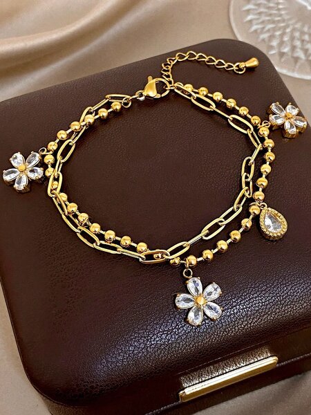 Shein - 1Pc 18K Gold Plated Stainless Steel Luxury Floral Layered Flower Pendant Dual Chain Bracelet