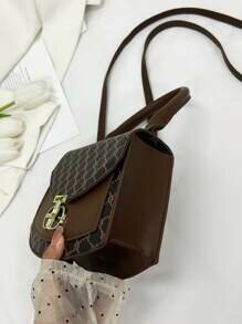 Shein - Fashion Flap Geometric Pattern Vintage Print Handbag Brown