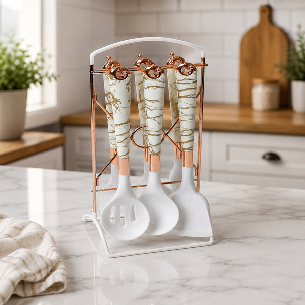 7 PCS Premium White Marble Silicone Kitchen Utensil Set with Metal Storage Rack | Heat-Resistant Non-Stick Cooking Spoon Set
