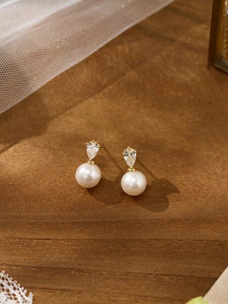 Shein - 14k Gold Plated CZ Pearl Bridal Earrings, Low Allergy Gold Plated Earrings, Elegant Wedding Bride Pearl Jewelry For Women