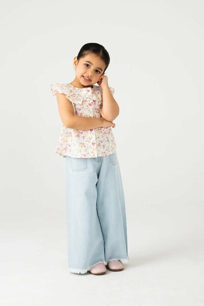 White Cotton Floral Button Top