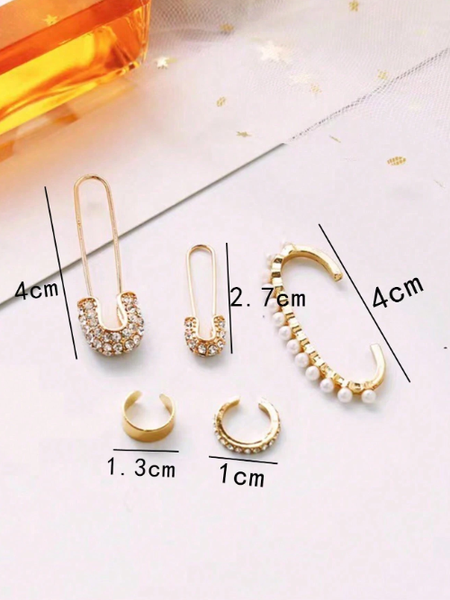 Shein - 5pcs/Set Retro Creative Rhinestone Metal Personality Pearl Earrings Set