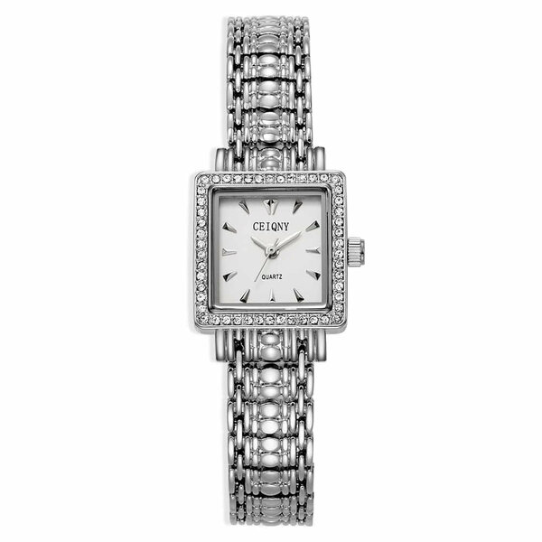 Shein - 1pc Women's Vintage Rhinestone Decor Luxury Elegant Water Resistant Fashion Simple Style Square Quartz Ladies Watch Silver