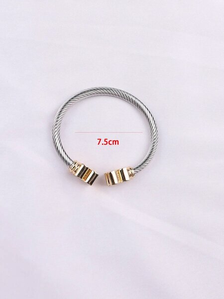 Shein - European and Americana Style Stainless Steel Cable Opening Bracelet With Natural Stone Twisted Cord Adjustable C-Shaped Titanium Steel Bangle