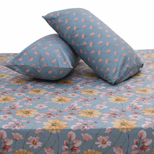 Blue Meadows Double Bed Sheet Set | Soft Floral Printed Bedding | 94x98 Inches