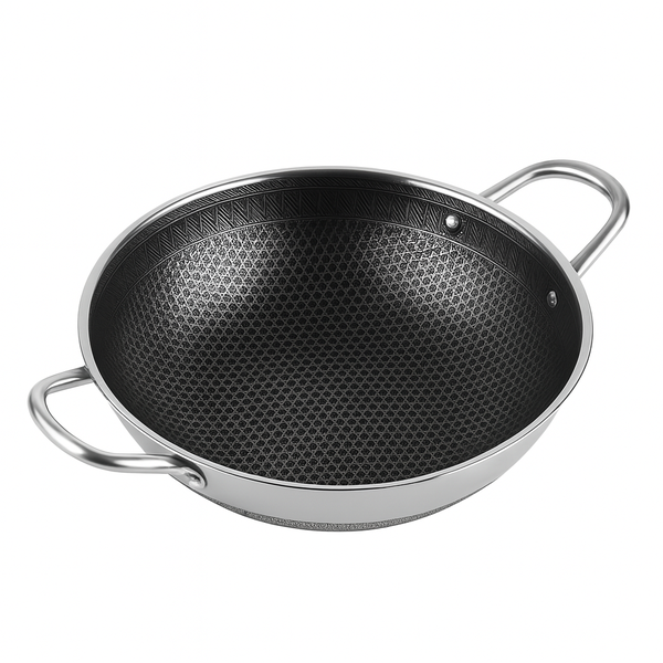 Stainless Steel Karahi without Lid | 28cm & 32cm | Double Handle Deep Frying Pan | Non-Stick Honeycomb Cookware for Gas & Induction