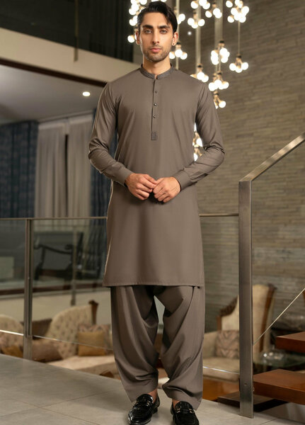 Stylish Garments Mens RTW Embroidered Wash N Wear Kurta Shalwar Suit Charcoal Green Casual Collection