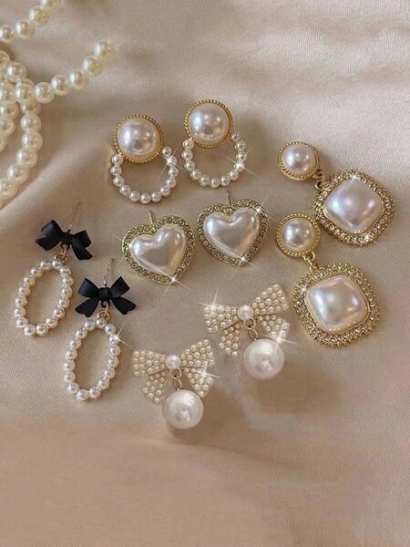 Shein - 5pcs/Set Rhinestone Geometric Square, Heart, Bowknot & Pearl Decor Tassel Earrings
