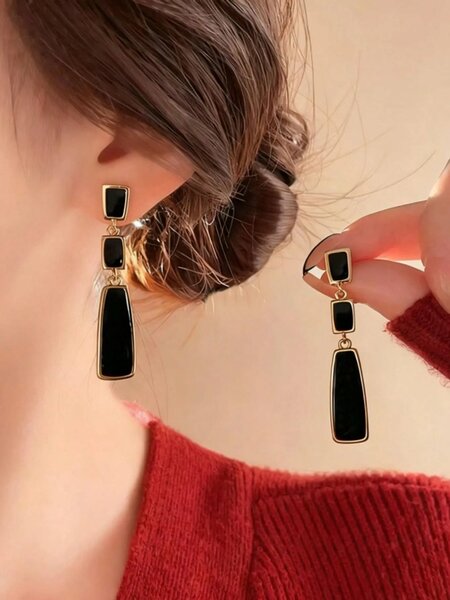 Shein - 5pcs/Set Fashionable Casual French Elegant Asymmetrical Geometric Black Drip Glaze Heart & Faux Pearl Earrings, Chic Minimalist Design, High-End Earring Set Suitable For Women's Daily And Holiday Wear