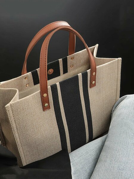 Shein - Simple Large-capacity Handbag, Portable Casual Storage Tote Bag, Multifunctional Shopping Satchel Bag Simple Classic Large-capacity Tote Bag, Stripe Pattern Shoulder Bag