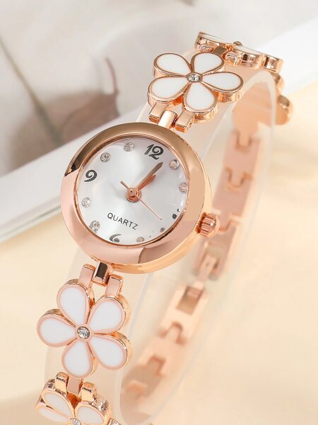 Shein - Flower Decor Round Pointer Quartz Watch