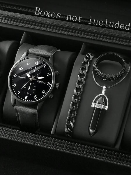 Shein - 1pc/4pcs Men's Casual Personalized Sports PU Leather Quartz Watch And Bullet Necklace Jewelry Set