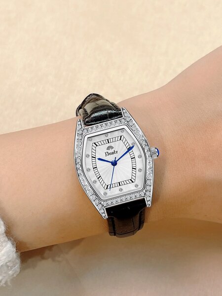 Shein - Rhinestone Decor Tonneau Pointer Quartz Watch