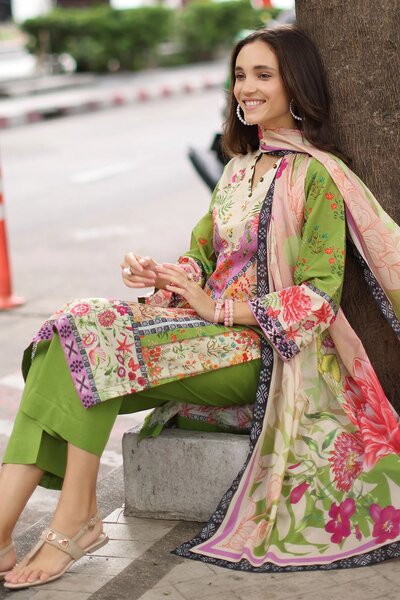 3 Piece Embroidered Printed Lawn Suit with Printed Lawn Dupatta